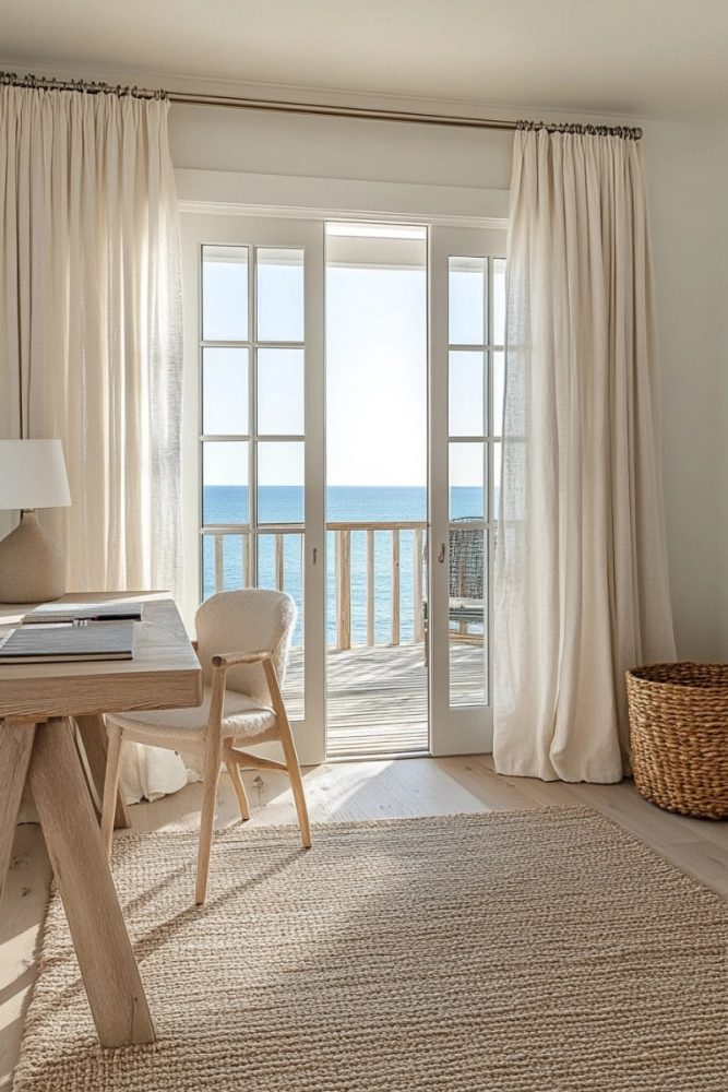 coastal office decor ideas Breezy, Linen Drapes