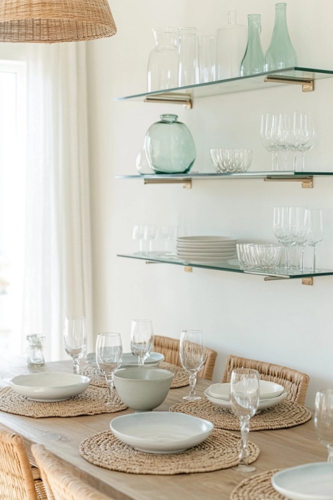 coastal shelf decor ideas Use Glass & Transparent Elements for an Airy Feel