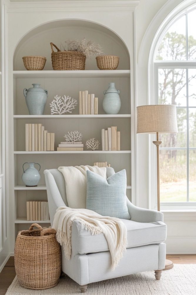 coastal shelf decor ideas Use Stacked Books for Coastal Charm
