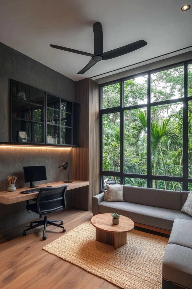 home office ideas with couch A Cozy Office Nook with an L Shaped Couch