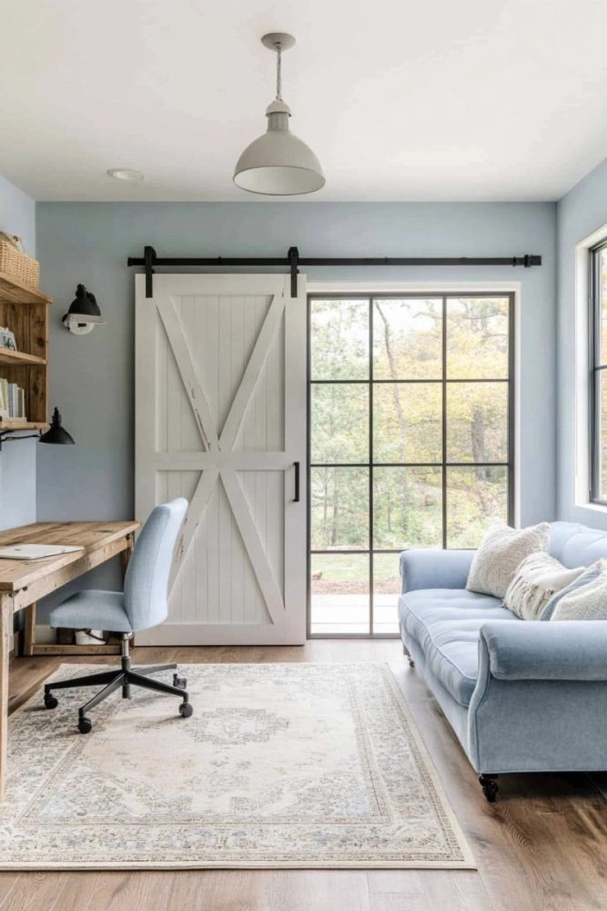 home office ideas with couch A Sectioned Off Office with a Sliding Barn Door