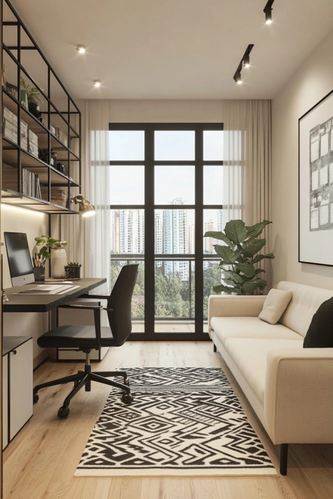 home office ideas with couch Black Metal Accents for a Modern Touch