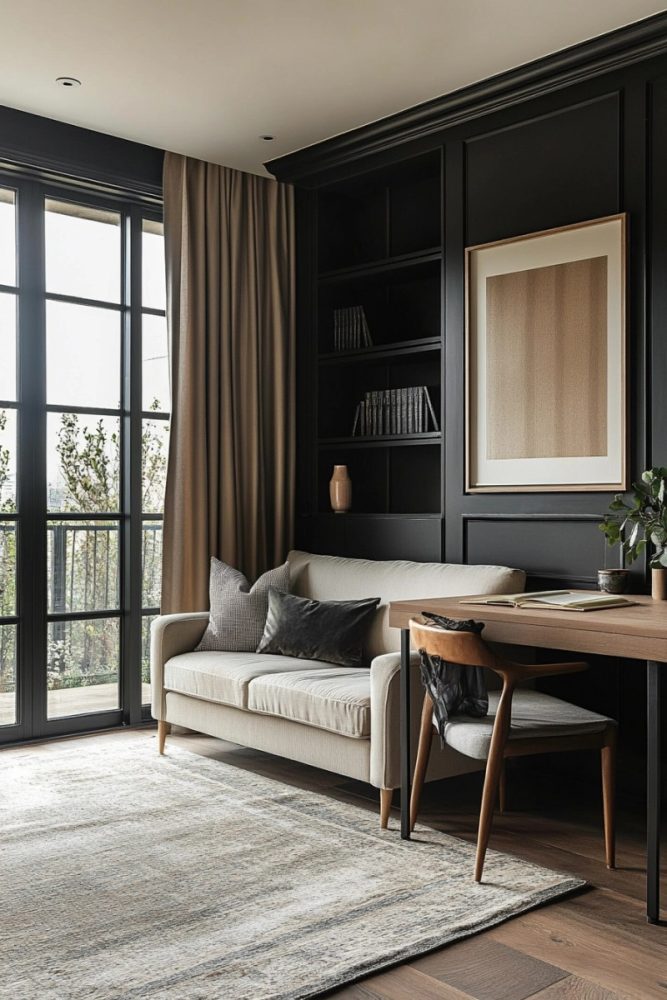 home office ideas with couch Dark Walls with a Light Couch for Contrast