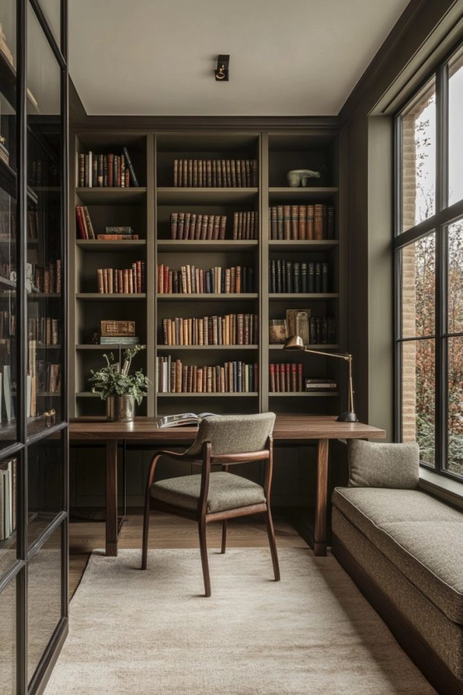 home office ideas with couch Floor to Ceiling Bookshelves with a Cozy Reading Nook
