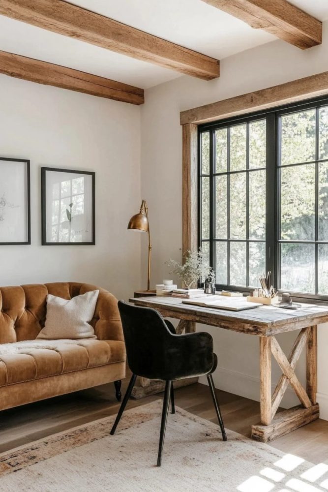 home office ideas with couch Rustic Wood Desk with a Plush Velvet Sofa