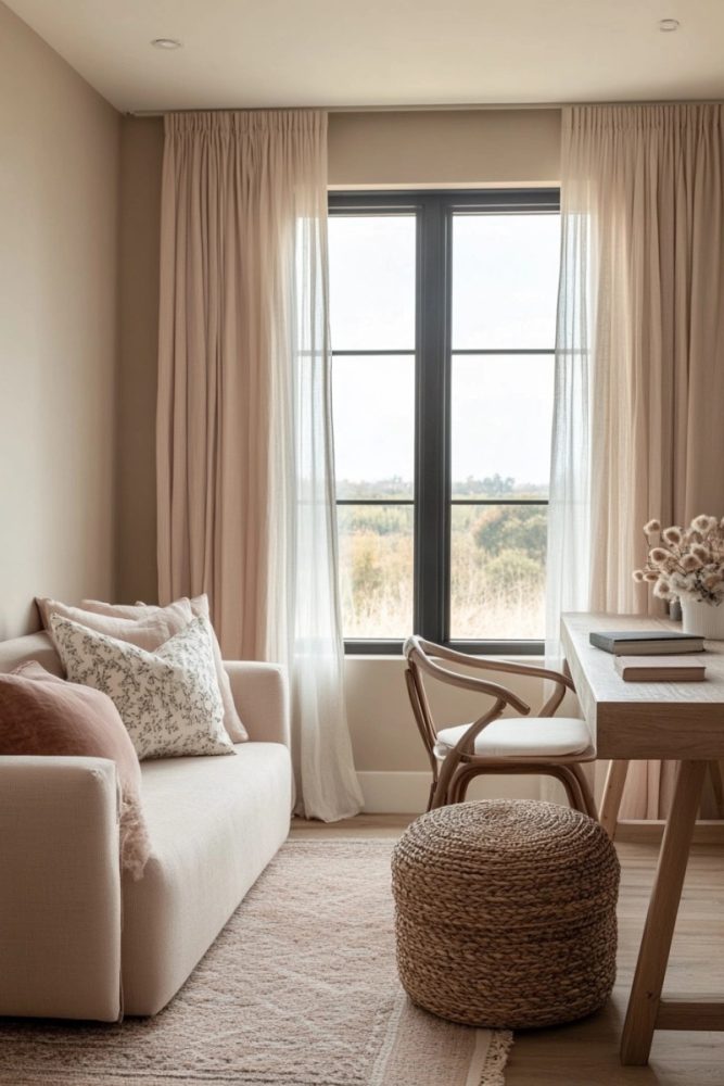 home office ideas with couch Soft Pastel Accents for a Light & Airy Look