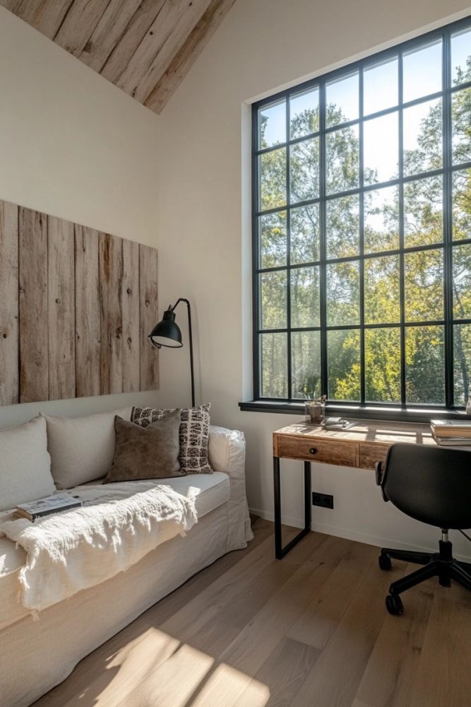 home office ideas with couch Vintage Farmhouse Touches with a Distressed Couch