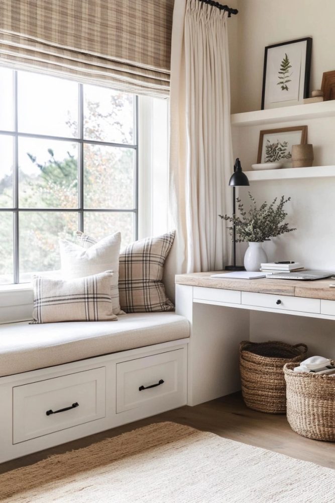 home office in bedroom ideas Cozy Window Seat with Built In Storage