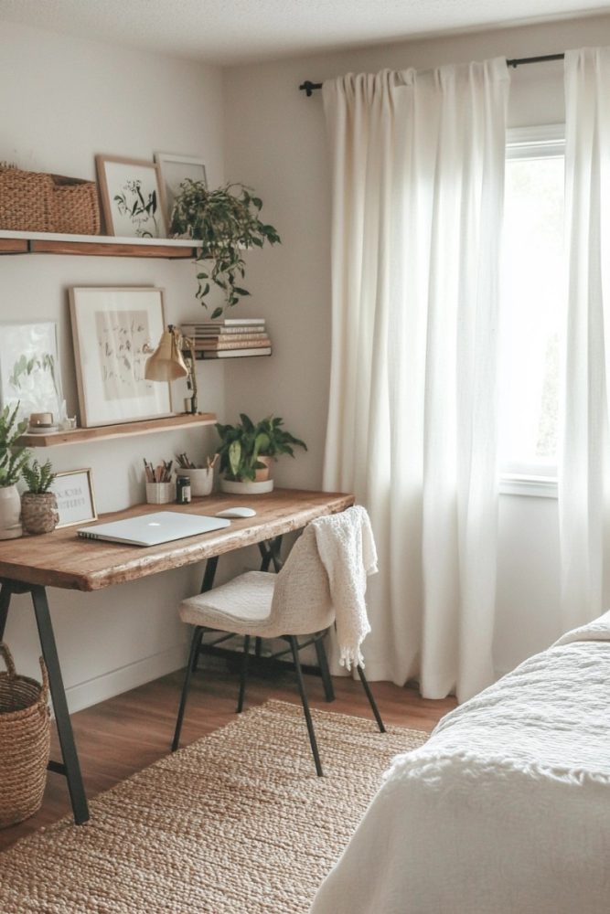 home office in bedroom ideas Create a Soft Room Divider with Sheer Curtains