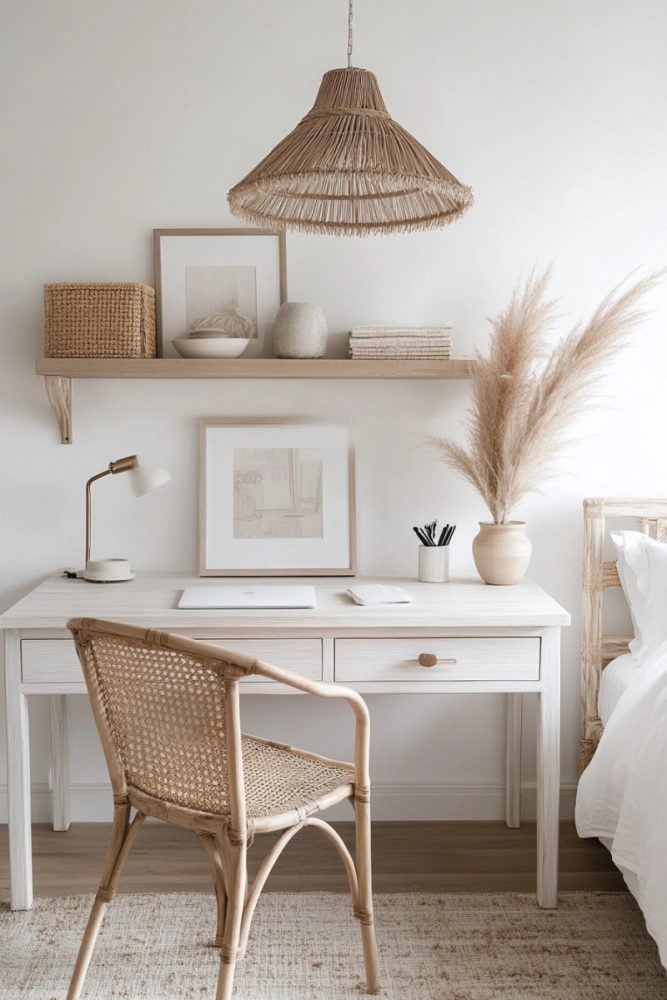 home office in bedroom ideas Farmhouse Meets Boho with Woven Accents