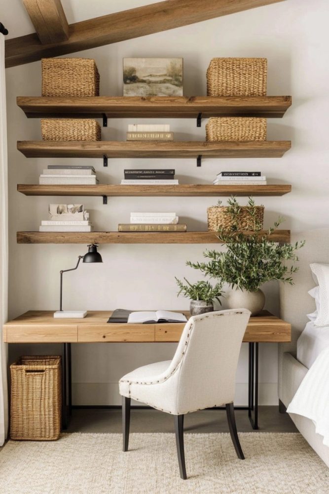home office in bedroom ideas Layered Open Shelving with Industrial Brackets