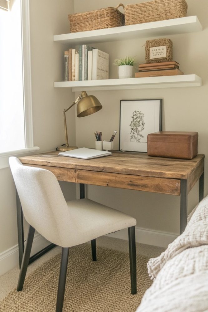 home office in bedroom ideas Rustic Wooden Desk with Warm Neutrals