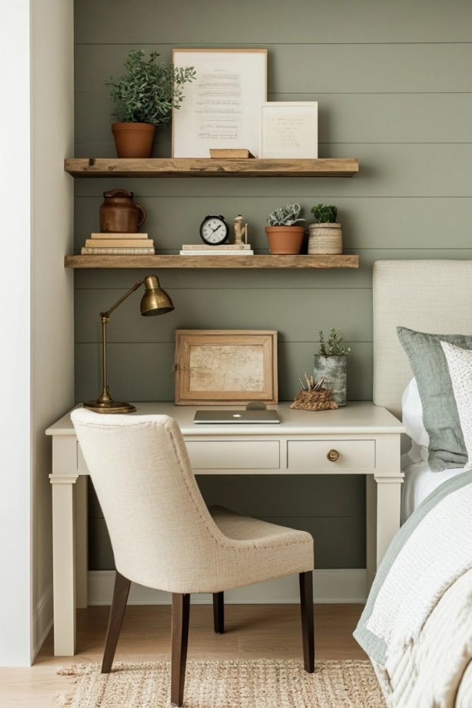 home office in bedroom ideas Subtle Pops of Color with Earthy Tones
