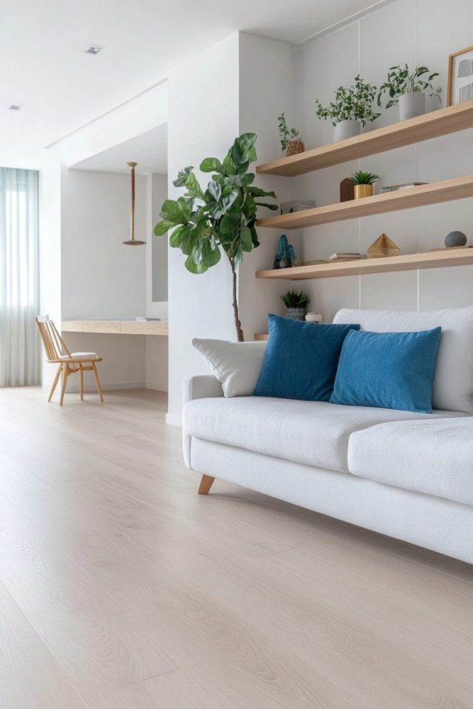 home office with couch shelves