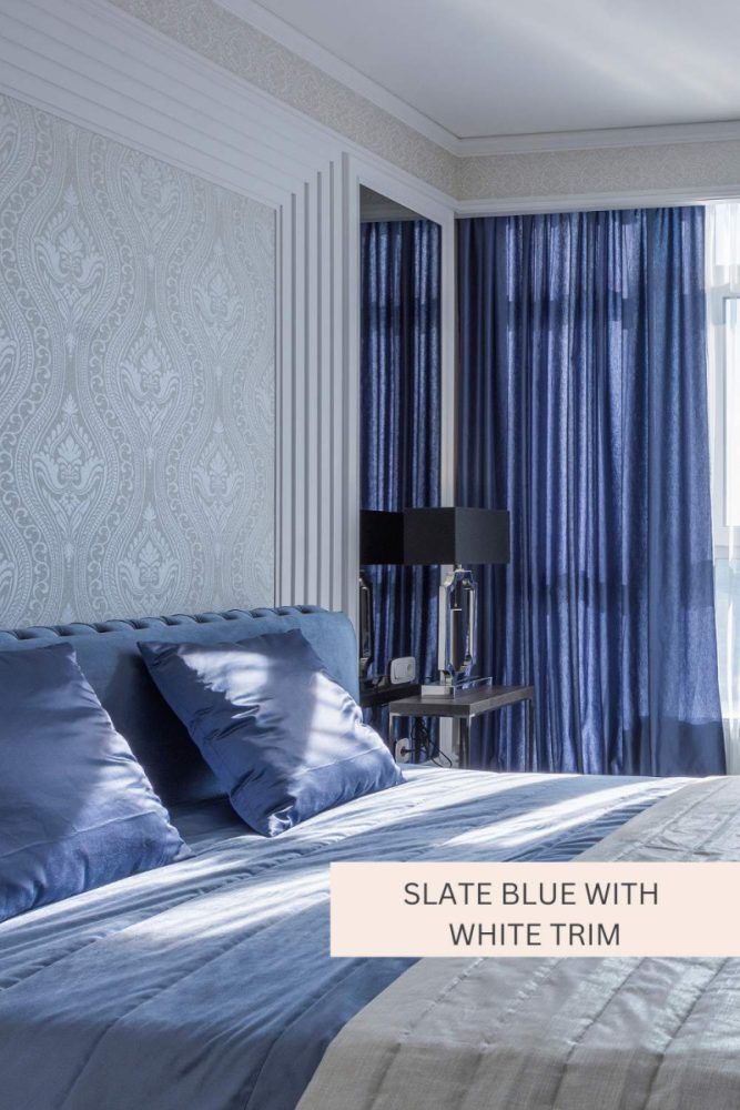 How to Use Moody Paint Colors in Small Spaces Slate Blue with White Trim