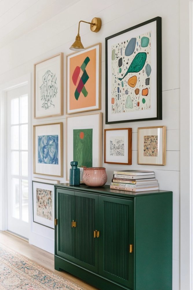 hallway gallery wall inspiration Eclectic Mix with Pops of Color