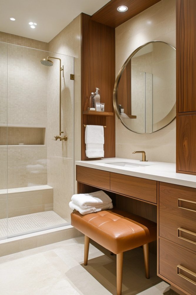 mid century modern bathroom ideas Built In Vanity Seating