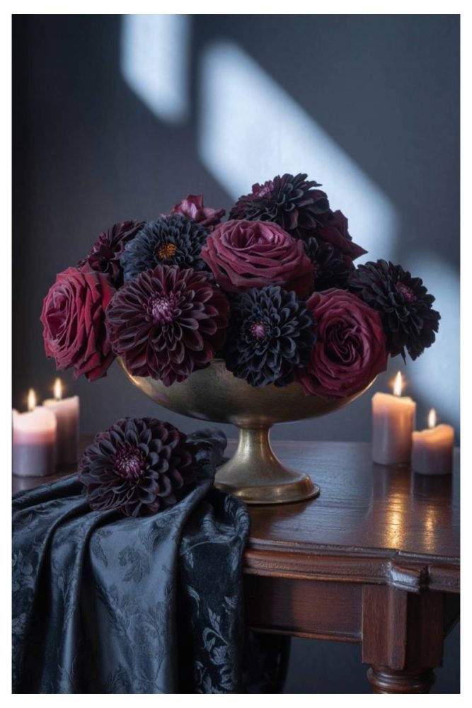 Black Dahlia & Burgundy Rose Bowl halloween floral centerpieces