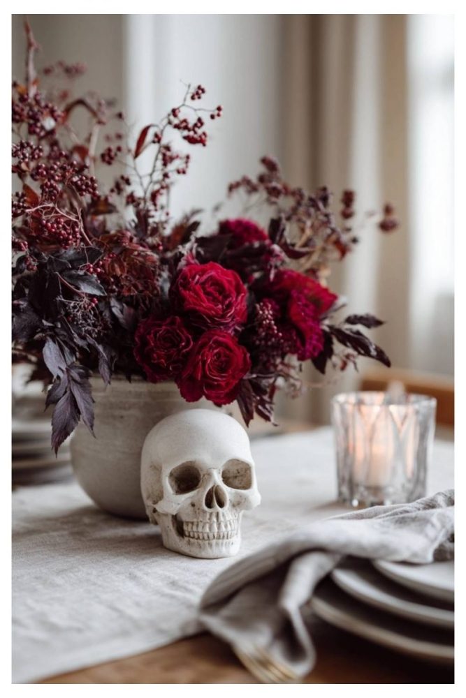 Floral in a Skull Vessel halloween floral centerpieces