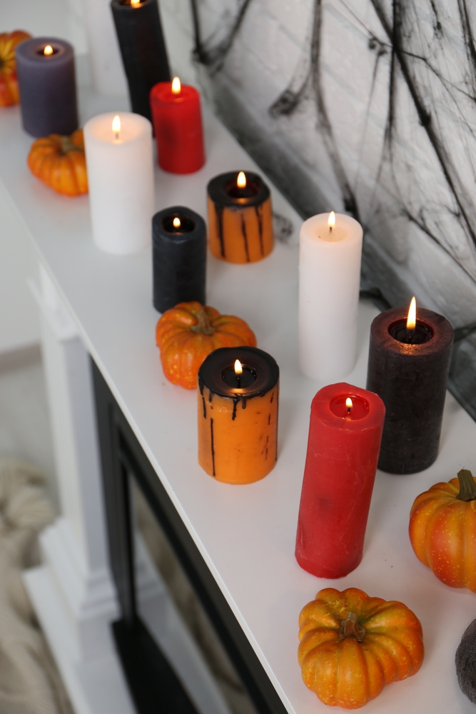 Fireplace,With,Different,Halloween,Decor,Indoors,,Above,View.,Festive,Interior