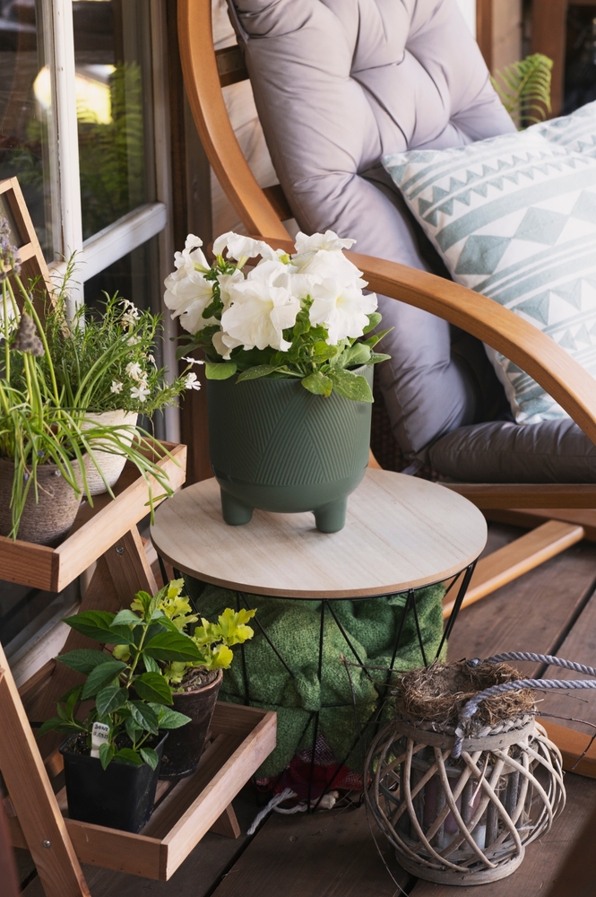 Country,House,Front,Porch,Decorated,With,Chair,,Petunias,And,Flower