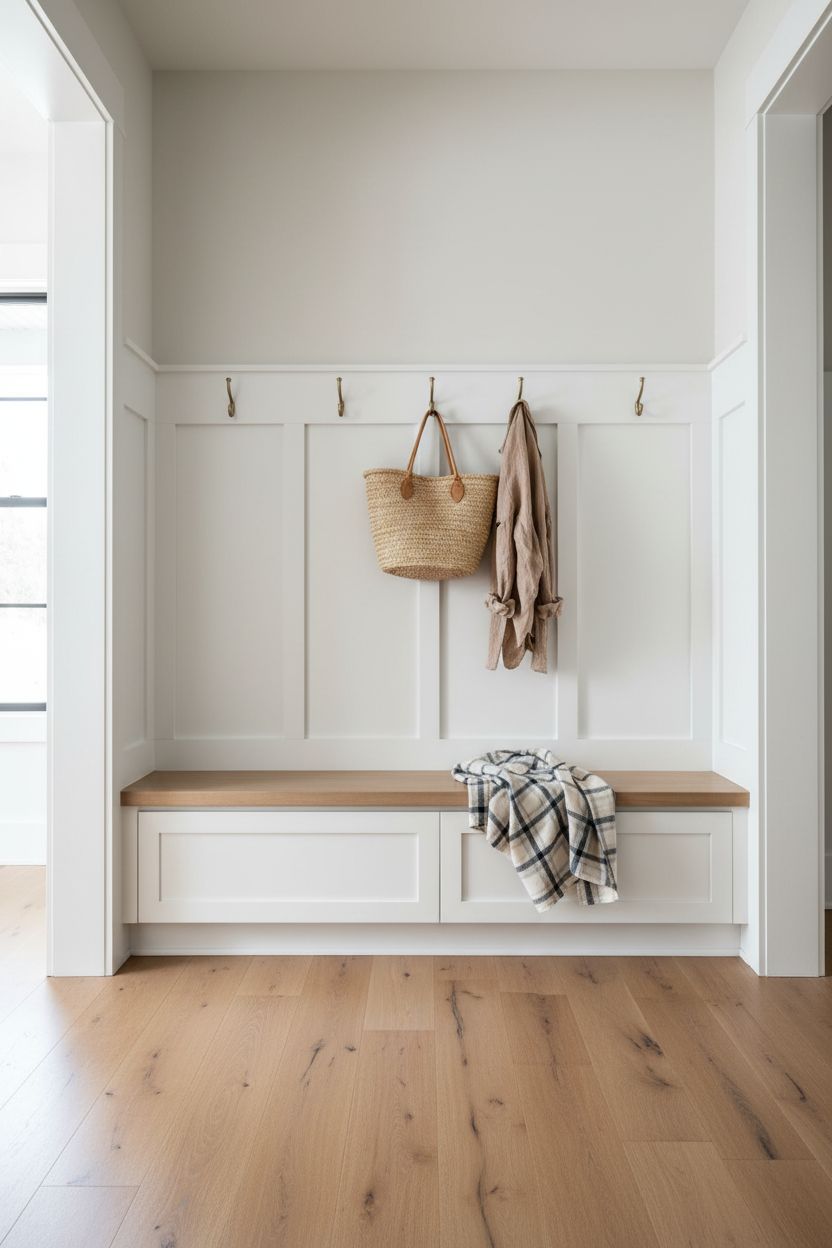 Hallway Board and Batten with Built-In Bench and Storage Below