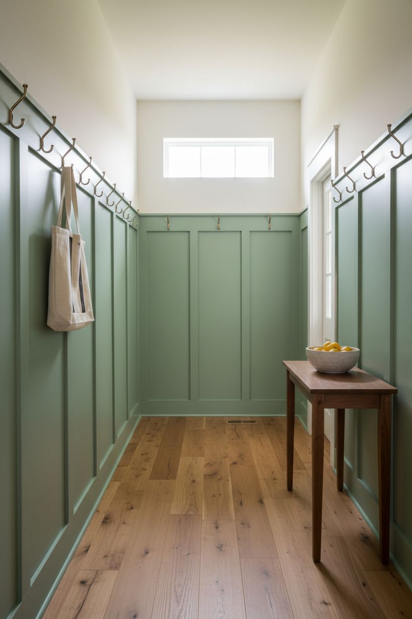 Sage Green Board and Batten Hallway with Warm Wood Accents