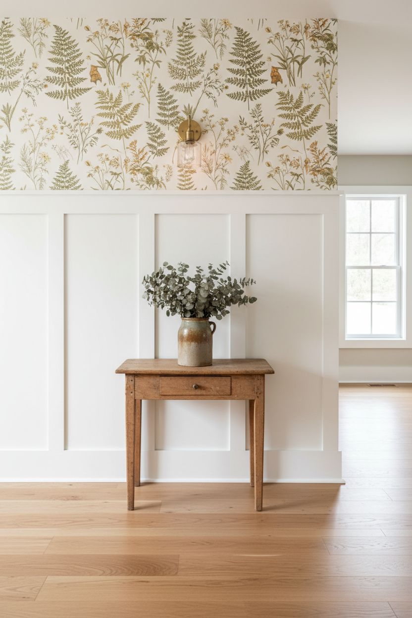 Board and Batten Hallway with Wallpaper Above the Paneling