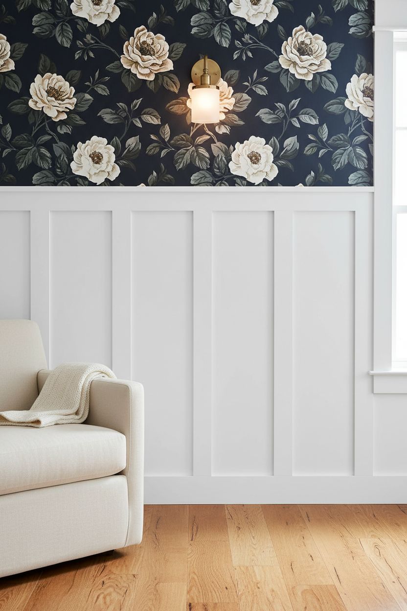 White Board and Batten with a Moody Floral Wallpaper Above