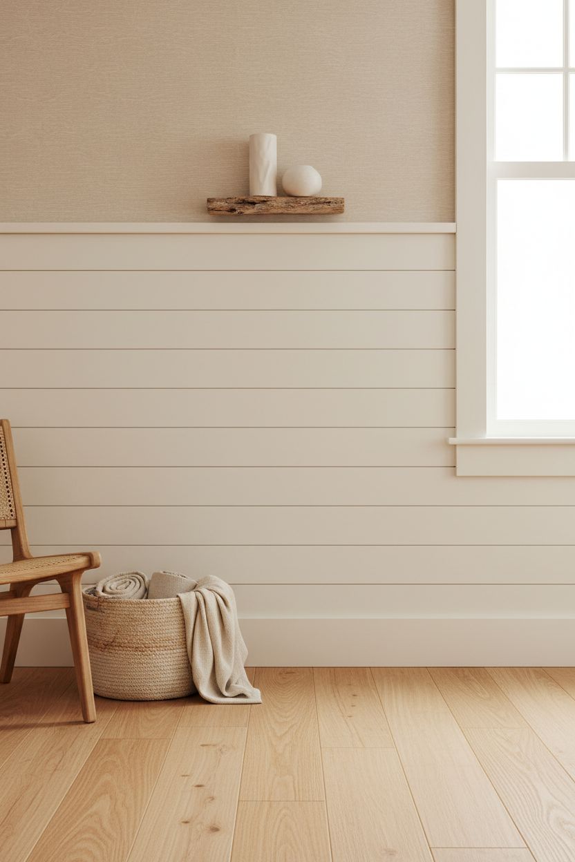 Horizontal Board and Batten with a Coastal Linen-Texture Wallpaper Above