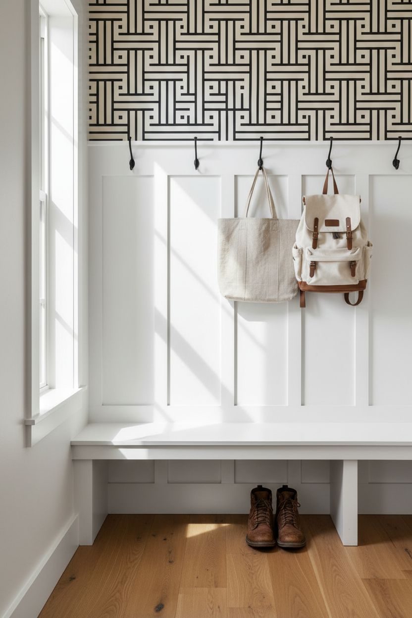 Board and Batten in a Mudroom or Entryway with a Graphic Wallpaper Above