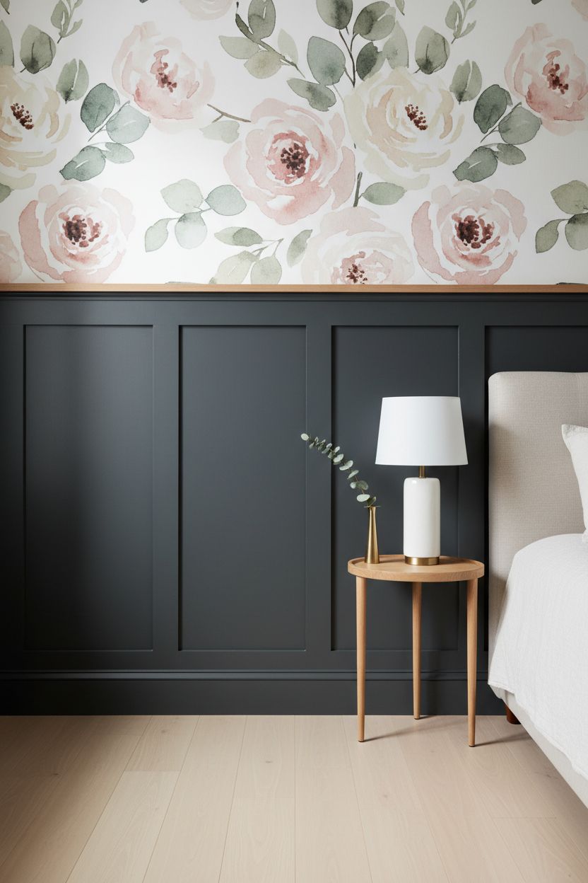 Charcoal Batten Panels with a Hand-Painted Floral Mural Wallpaper Above