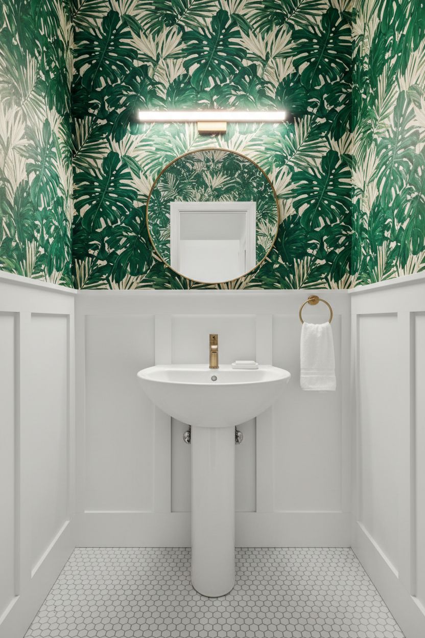 Low 36-Inch Board and Batten with a Bold Maximalist Wallpaper Above in a Powder Room