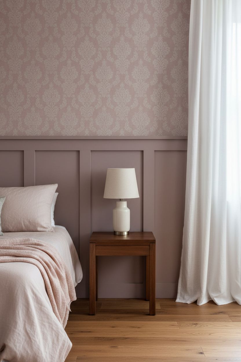 Painted-to-Match Board and Batten with a Tonal Wallpaper Above for a Moody Cohesive Look
