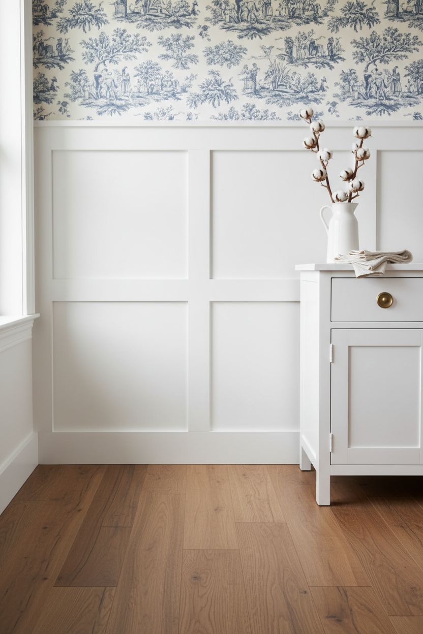 Grid-Pattern Board and Batten with a Toile Wallpaper Above