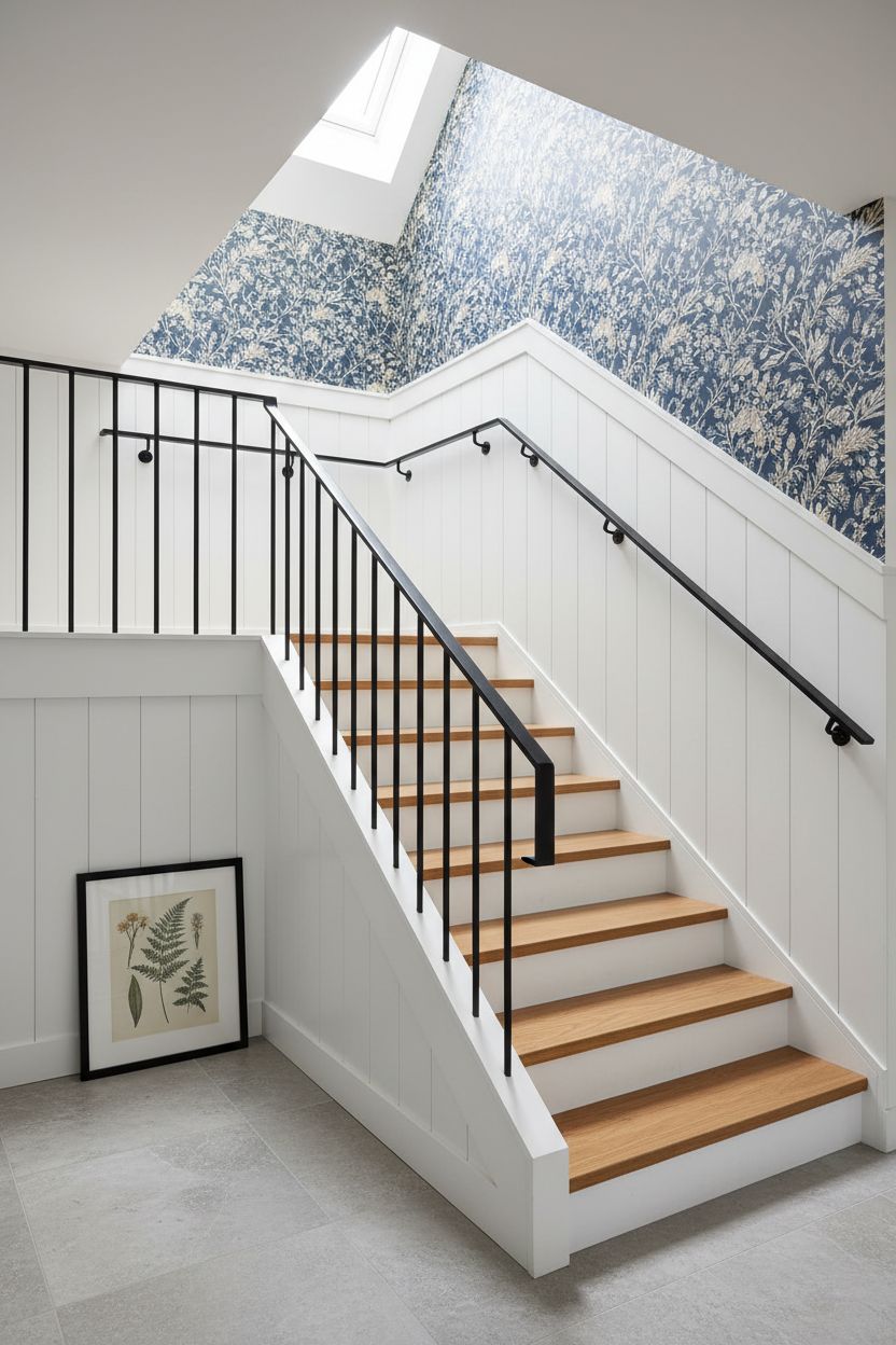 Staircase Board and Batten with a Wallpaper Above the Railing Line