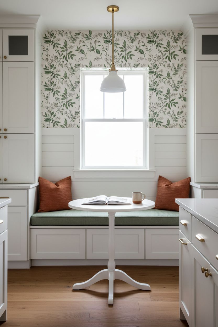 Shiplap-Style Batten Panels with a Hand-Drawn Illustrated Wallpaper Above in a Kitchen Nook
