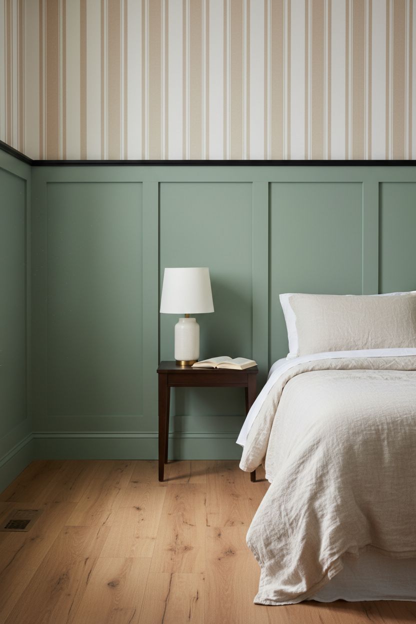 Sage Green Batten Panels with a Cream Stripe Wallpaper Above in a Bedroom