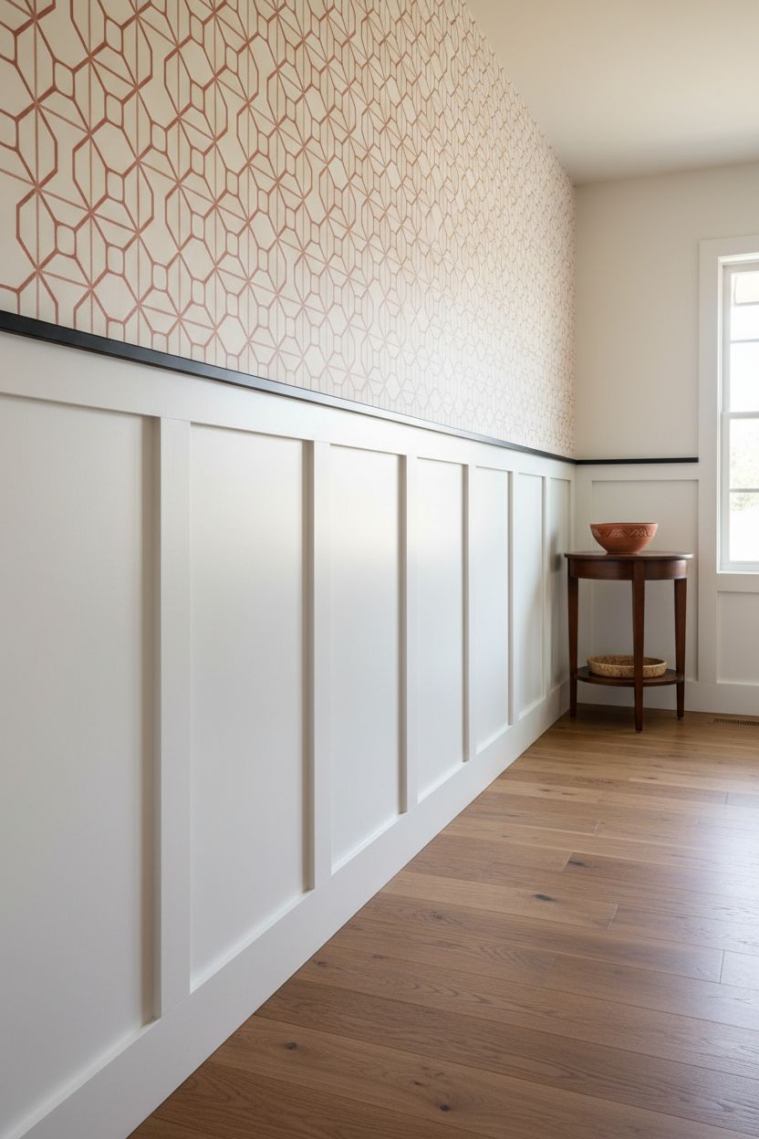 DIY Board and Batten with Peel-and-Stick Wallpaper Above for Renters