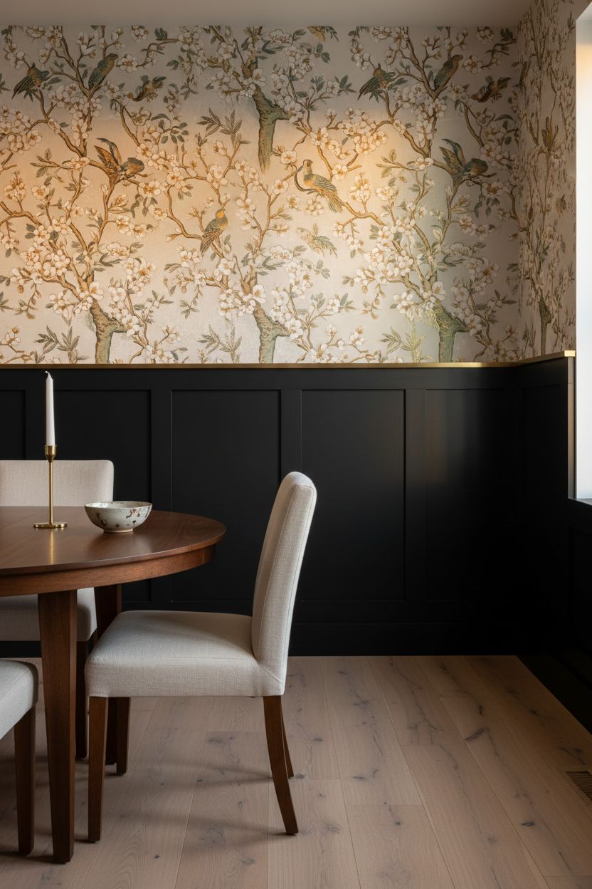 Black Board and Batten with a Chinoiserie Wallpaper Above in a Dining Room