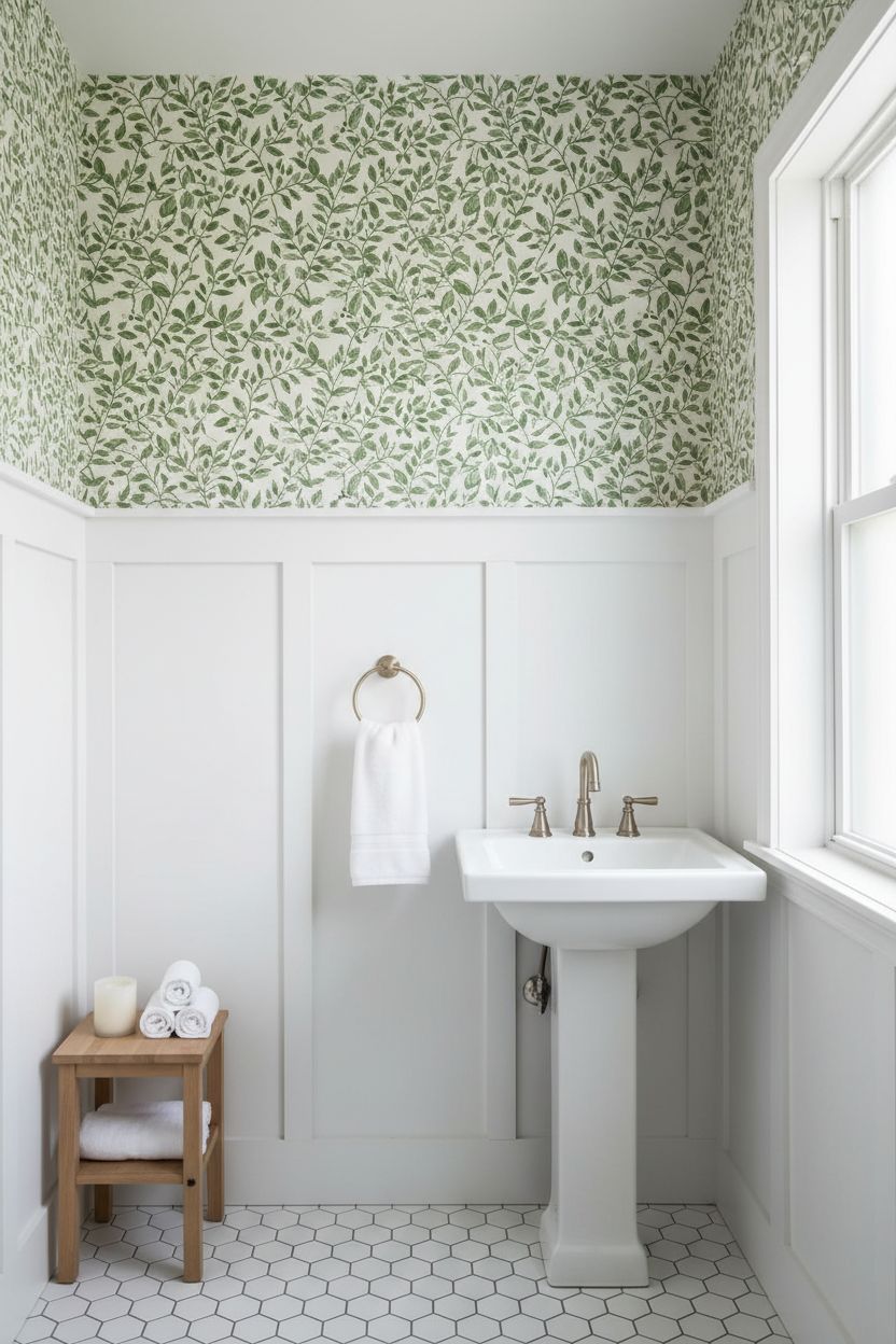 Board and Batten Bathroom with a Botanical Wallpaper Above