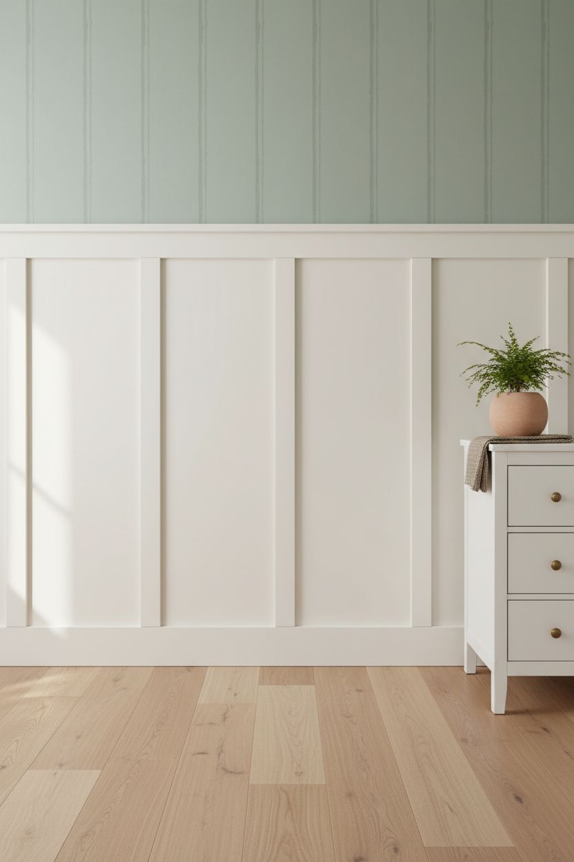 Cream Battens with a Hand-Drawn Stripe Wallpaper Above in a Nursery