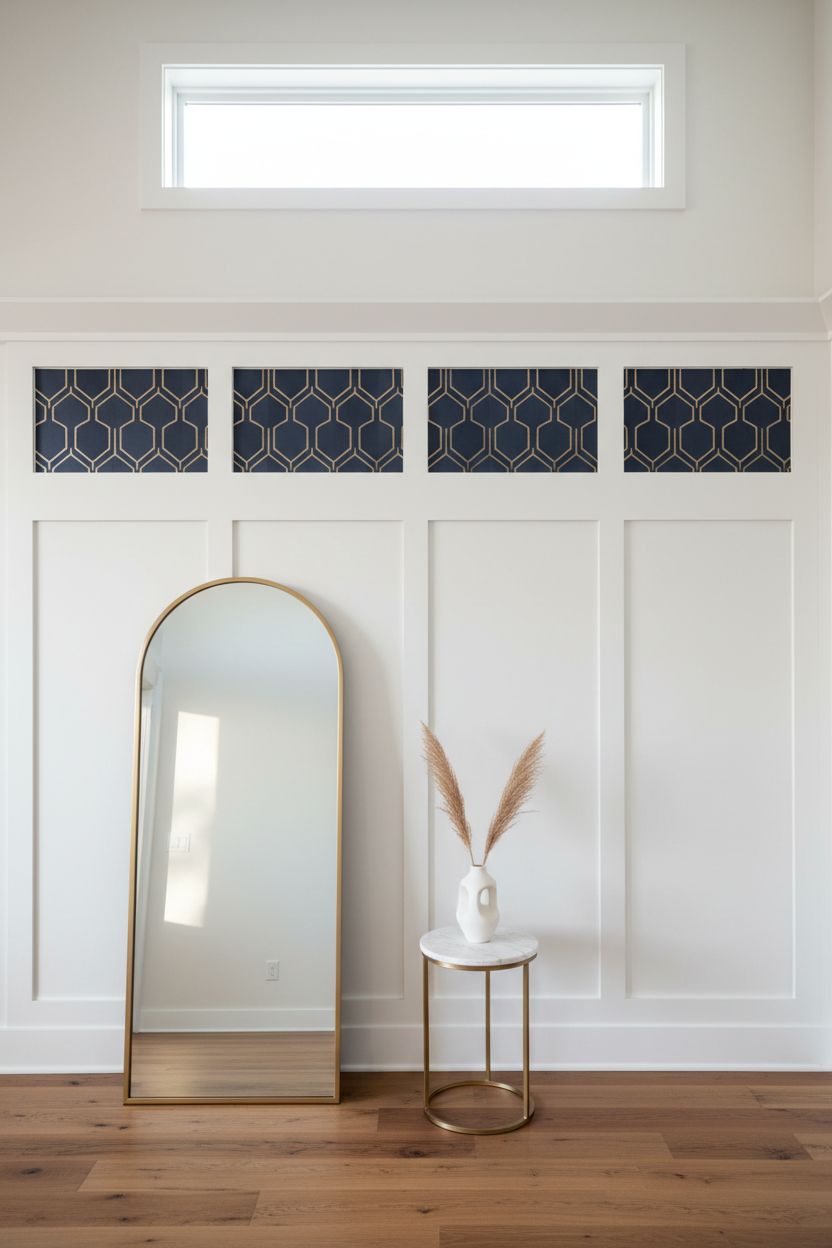 Tall Floor-to-Ceiling Board and Batten with a Wallpaper Insert Panel Above