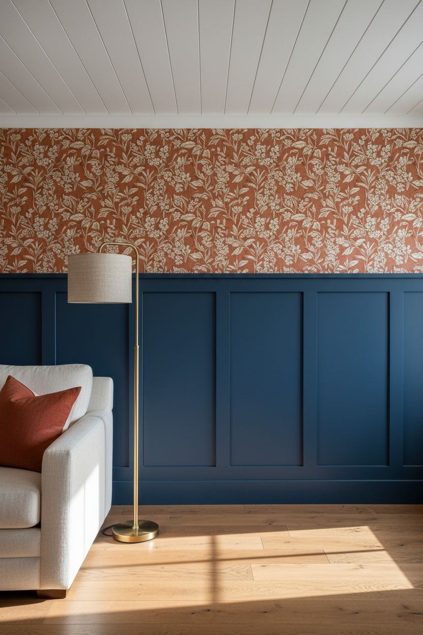 Navy Board and Batten with a Warm Terracotta Wallpaper Above