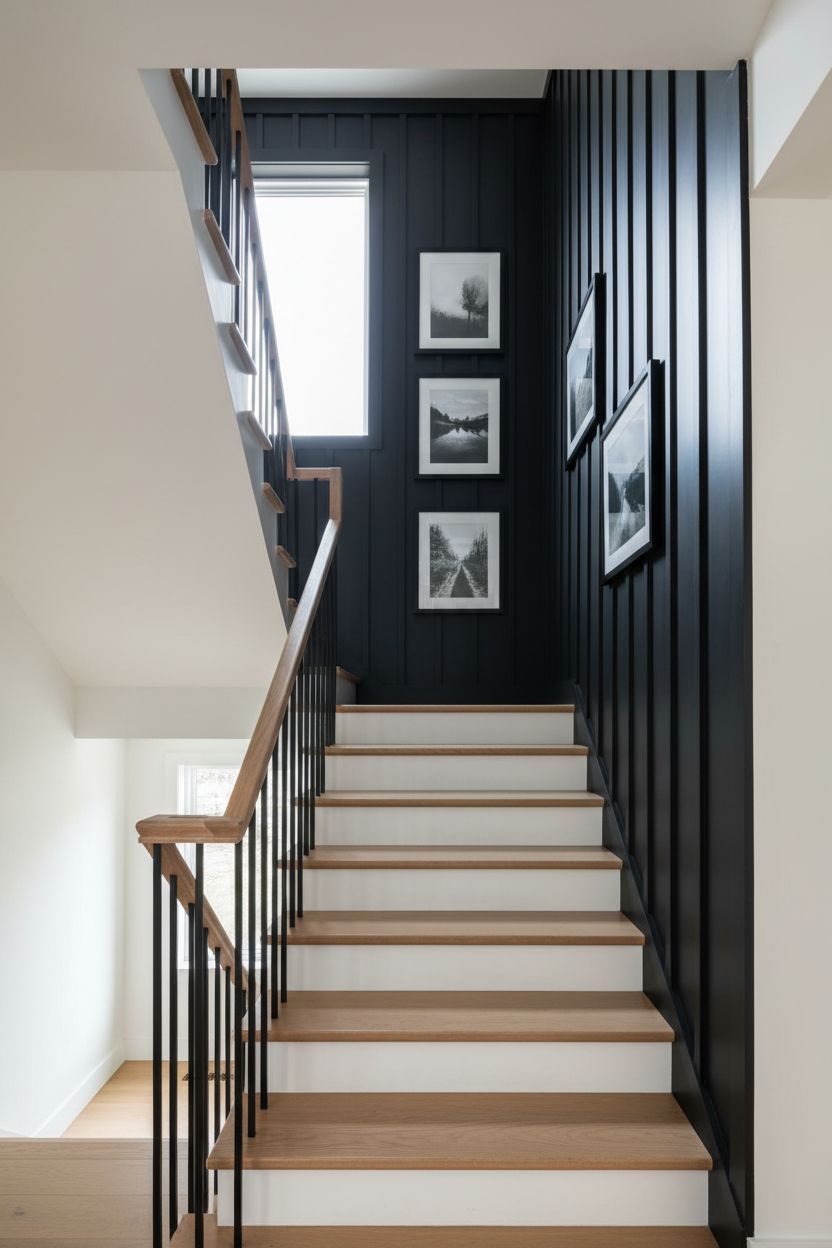 Dark Board and Batten Staircase Wall for Maximum Dramatic Impact