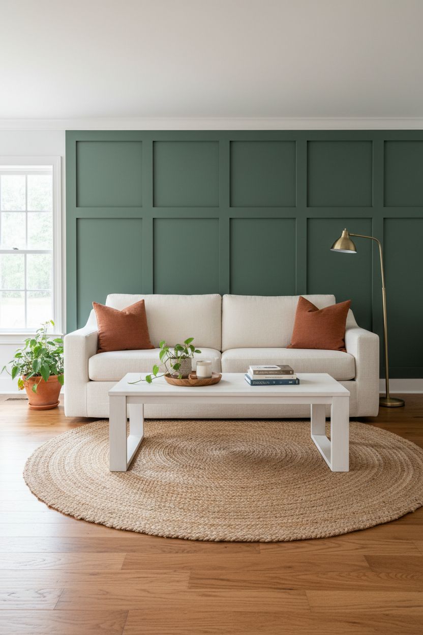 Dark Moody Sage Green Board and Batten for a Living Room That Feels Like a Hug