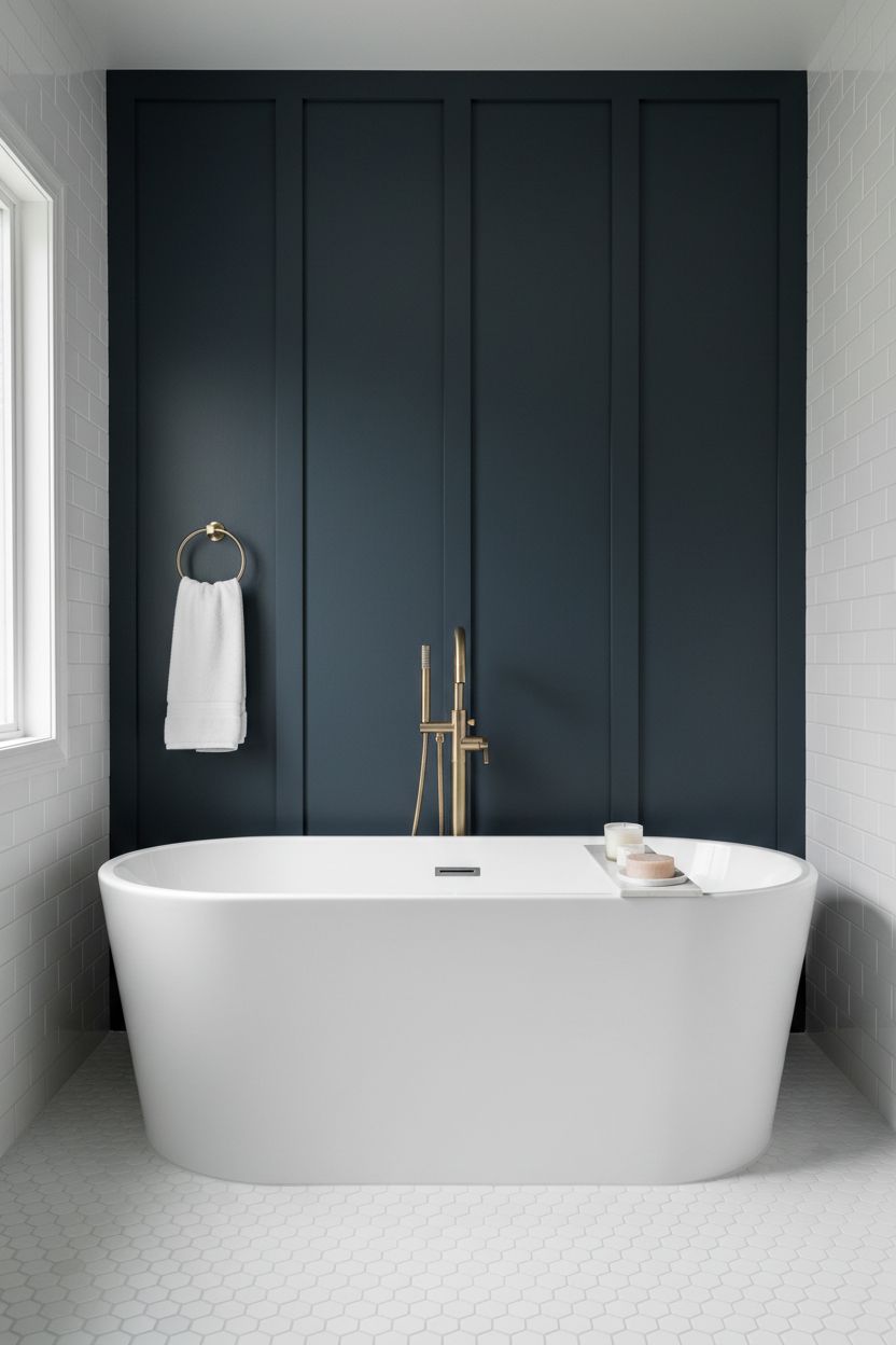 Dark Board and Batten Behind a Freestanding Bathtub