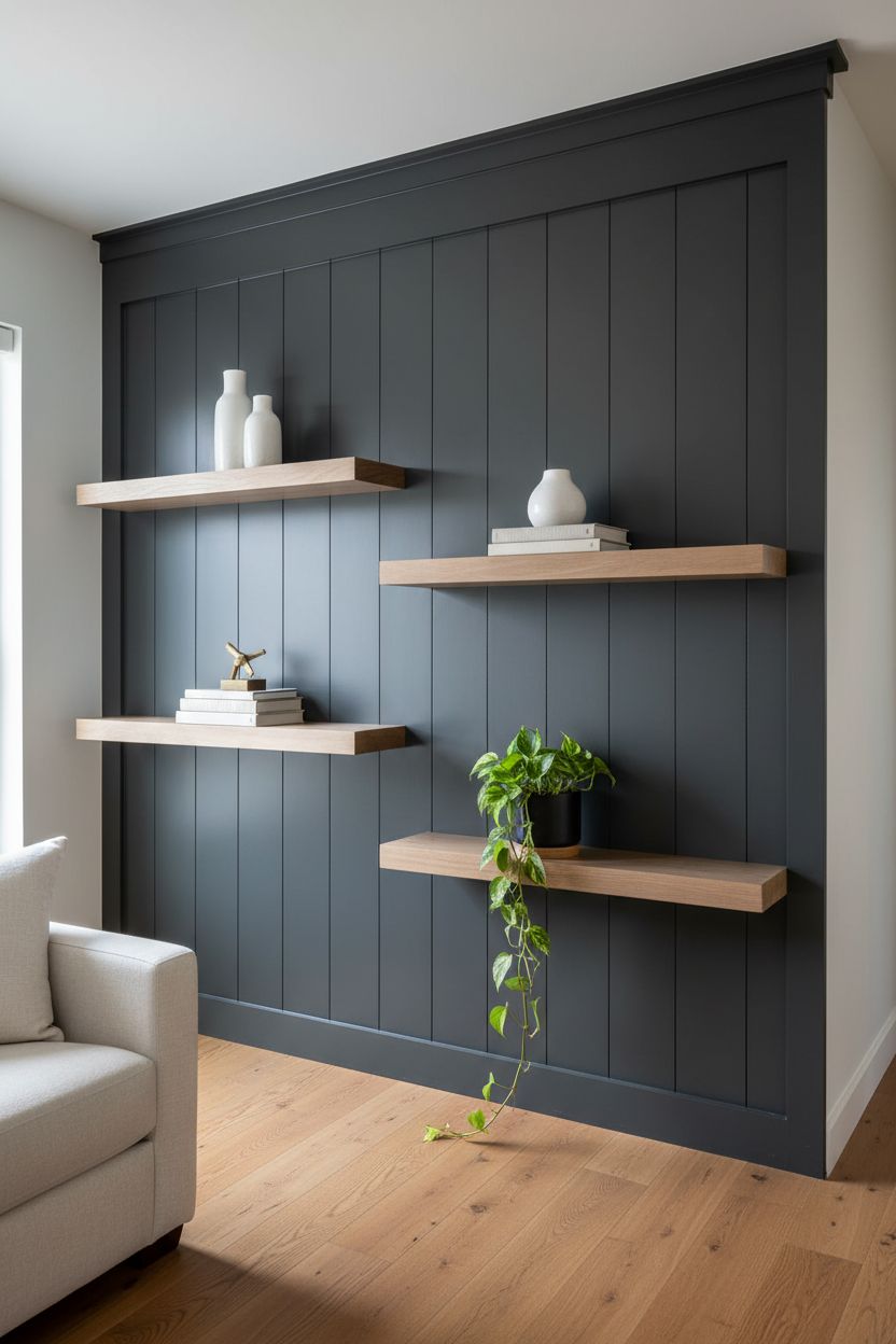 Dark Board and Batten with Built-In Shelving for a Functional Accent Wall