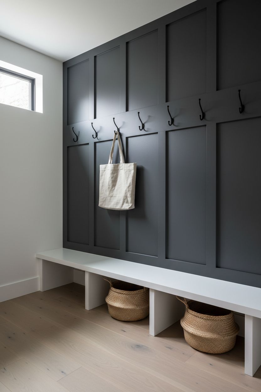 Dark Board and Batten Mudroom Wall with Hooks and Bench