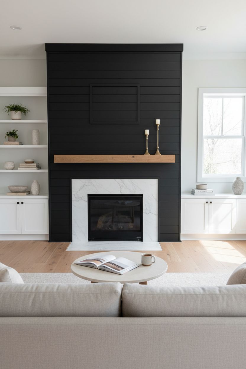 Floor-to-Ceiling Dark Board and Batten Living Room Fireplace Wall